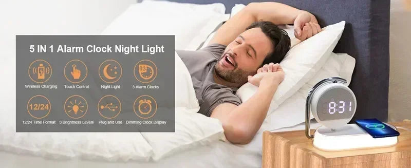 15W Quick Charge Wireless Alarm Clock & LED Night Light